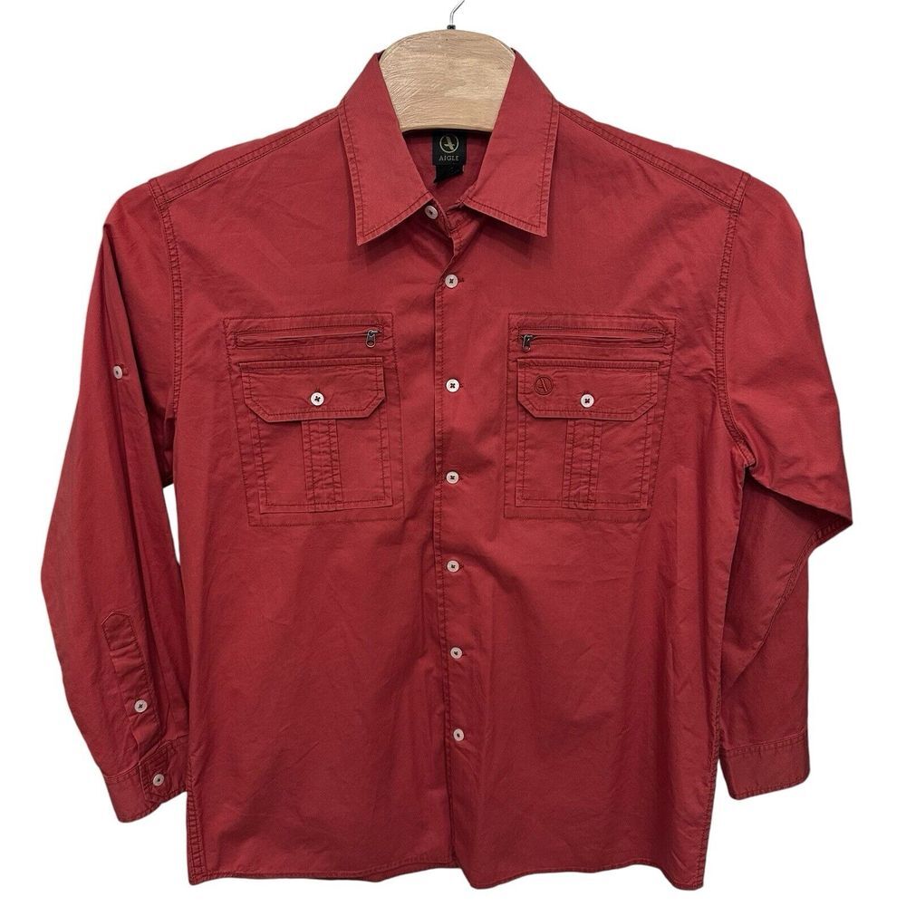 Aigle Long Sleeve Button Up Shirt Flap  & Zip Pockets Size Large‎ Hiking